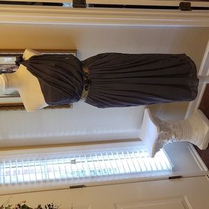 Charles Chang-Lima gray silk one shoulder dress gold metallic bead belt Med…EUC